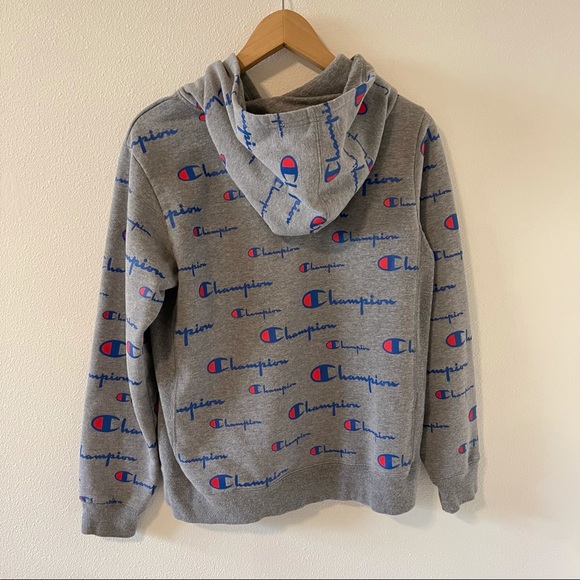 Champion Gray All Over Logo Pullover Hoodie Kangaroo Pocket-XL - Picture 3 of 10